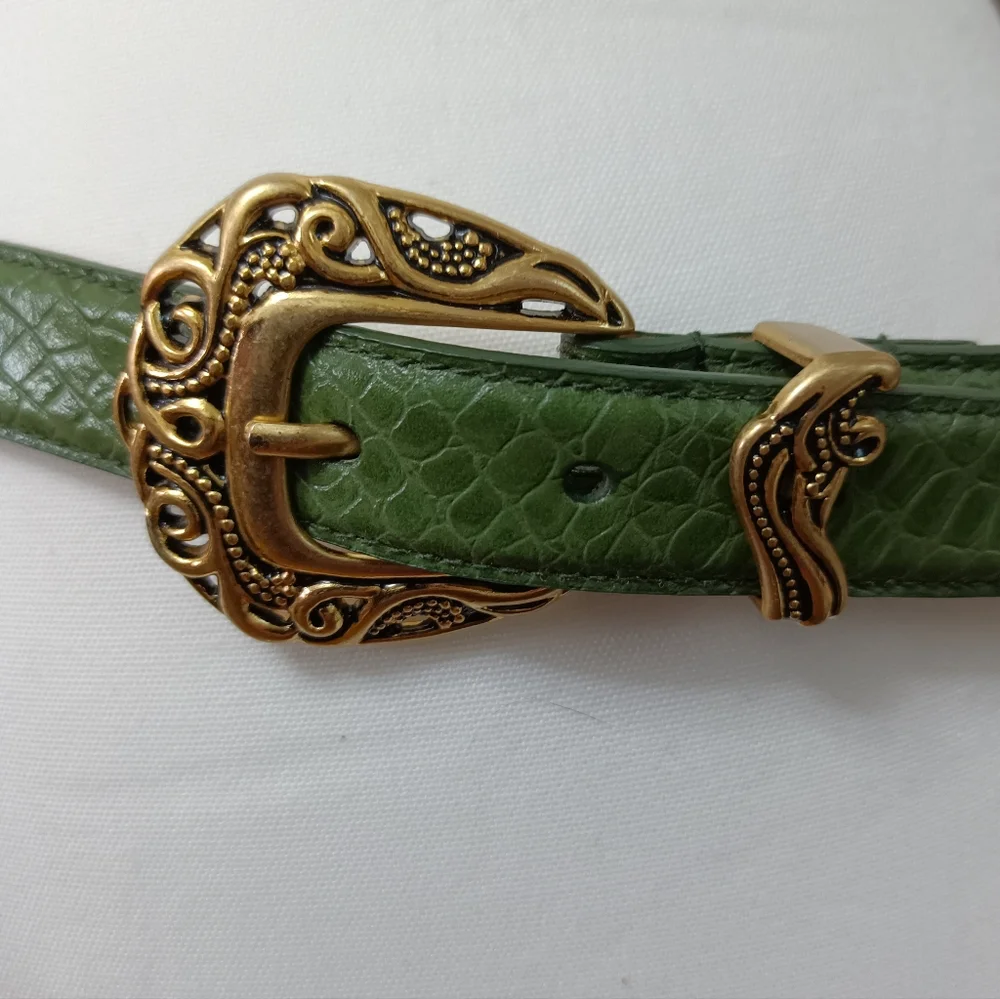 Coldwater Creek Green Leather Belt with Ornate Gold Buckle. Size Medium.